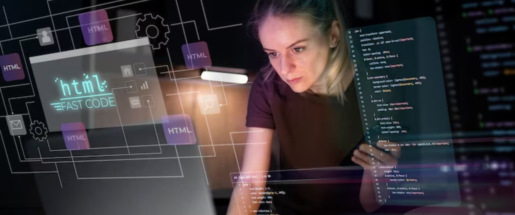 Web designer creating website layout with development code on screen