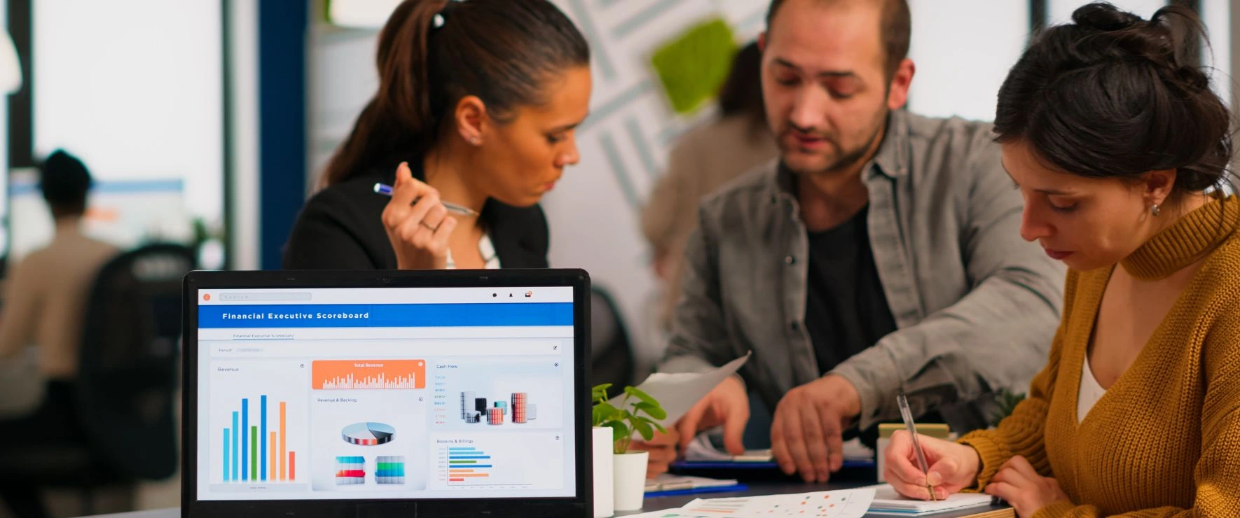 Web marketing company team analyzing online performance met